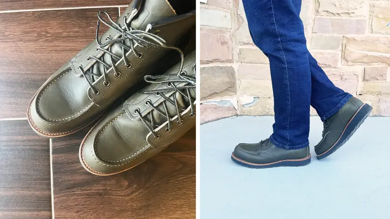 Detail shot of a pair of green leather boots, and a shot of the author wearing the same boots.