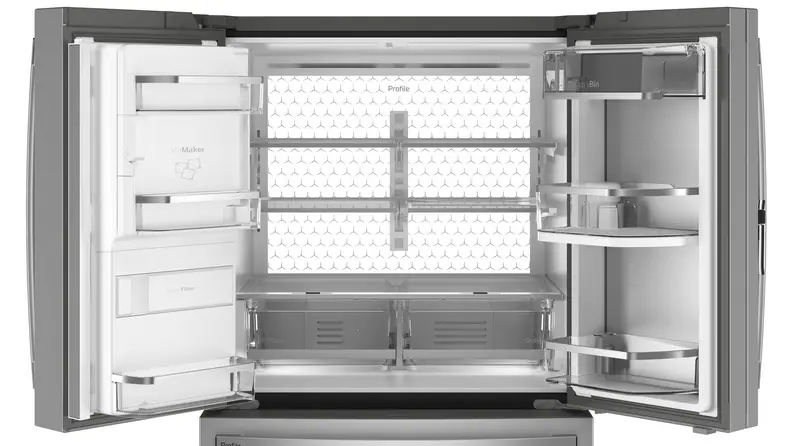 The GE Profile PVD28BYNFS four door French door refrigerator's backlit interior.