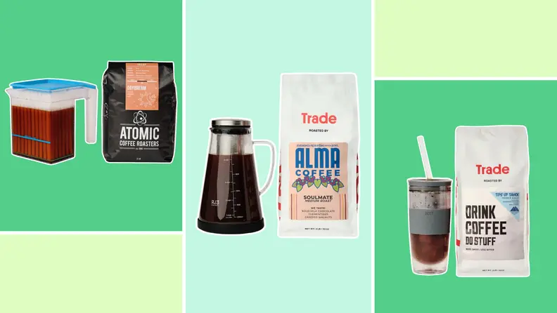 Three Trade Coffee brand coffee bags, next to a glass cup, coffee pot, and container.