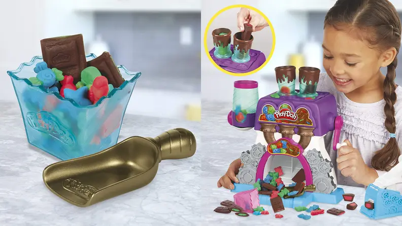 Left: Candy made out of Play-Doh sits in a bowl; right: A child makes candy out of Play-Doh.