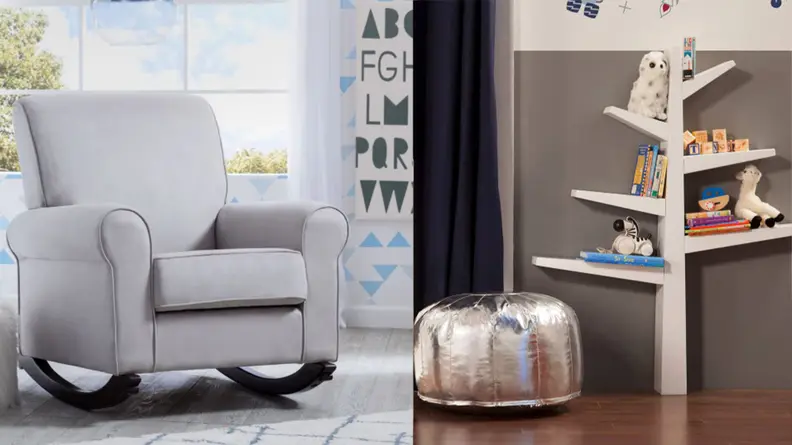 rocking chair next to a tree shaped bookshelf