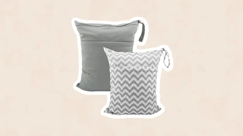2 grey bags–one solid and one striped