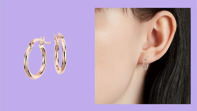 Closeup of a person wearing the small Blue Nile hoop earrings in gold next to a close up of the pair of earrings in showing the curved clasp.