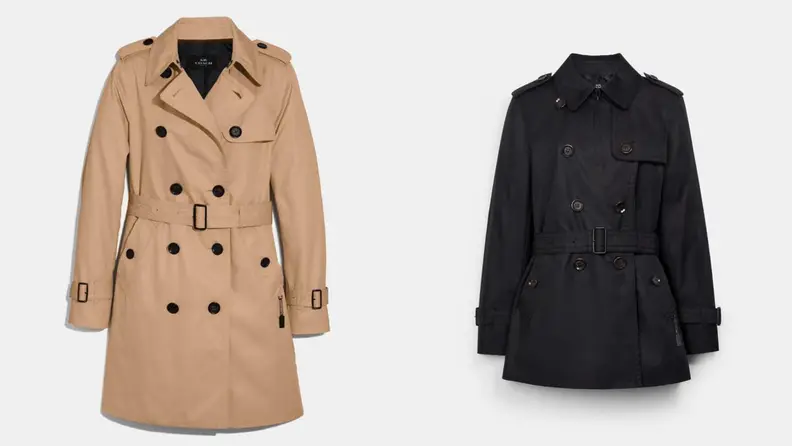 A tan and a black trench coat against a white background.
