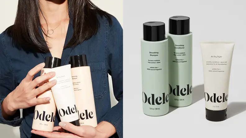 A woman holding several products from Odele.