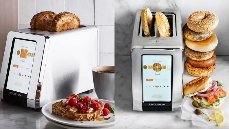 Left: touchscreen toaster with two slices of toast emerging. Right: stack of bagels beside touchscreen toaster
