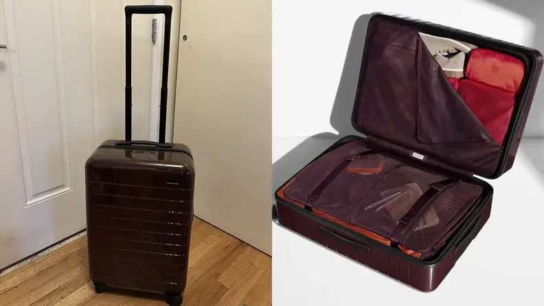 side by side of mahogany suitcase exterior and interior