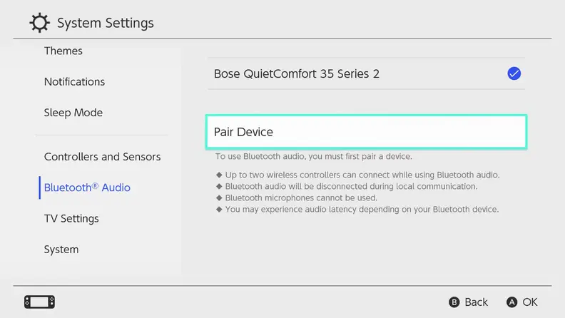 A screenshot of the Bluetooth Audio menu on the Nintendo Switch