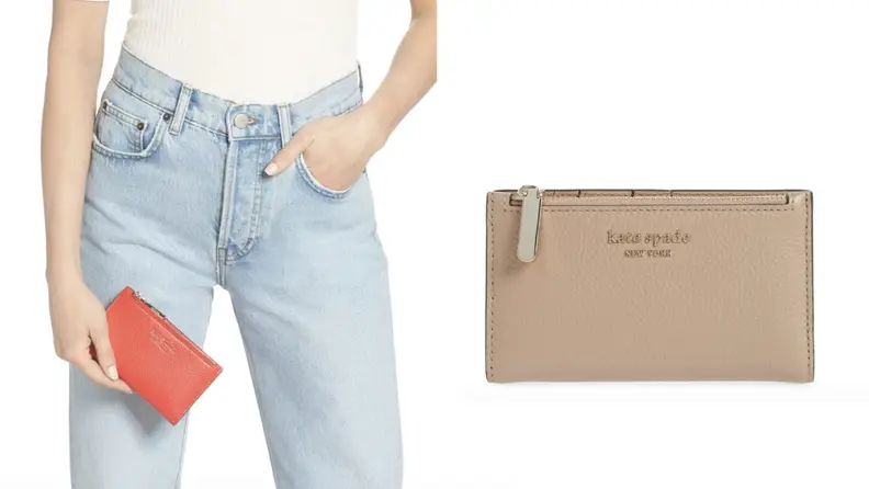 On left, woman displayed peach colored Kate Spade Bradley Pebbled Leather Wallet in her hand. On left, product shot of tan Kate Spade Bradley Pebbled leather wallet.