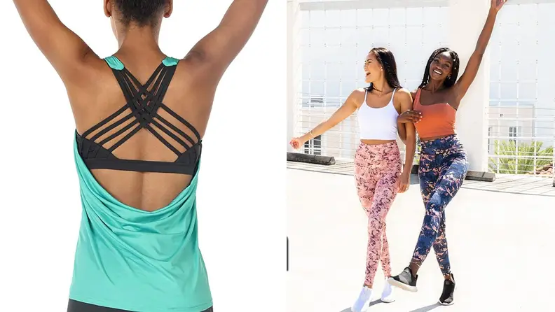 Three people workout in colorful Amazon activewear.