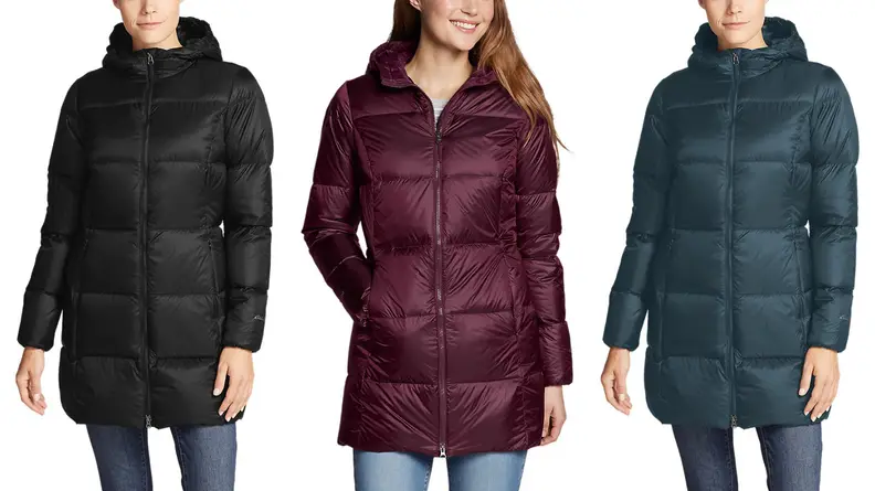 Three models show off different colors of the same Eddie Bauer women's Luna Peak down parka.