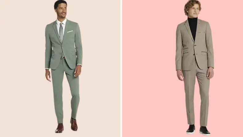 A green suit and a tan checkered suit