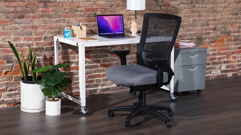 Tempur-Pedic office chair in front of desk with laptop with small file cabinet and potted plants on floor.