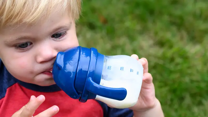 A blonde child sips milk through an OXO Tot Transitions straw cup with a blue lid.
