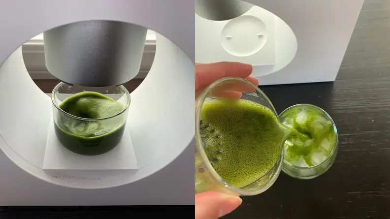 On left, tea machine dripping matcha tea into glass. On right, person holding glass of matcha tea in hand.