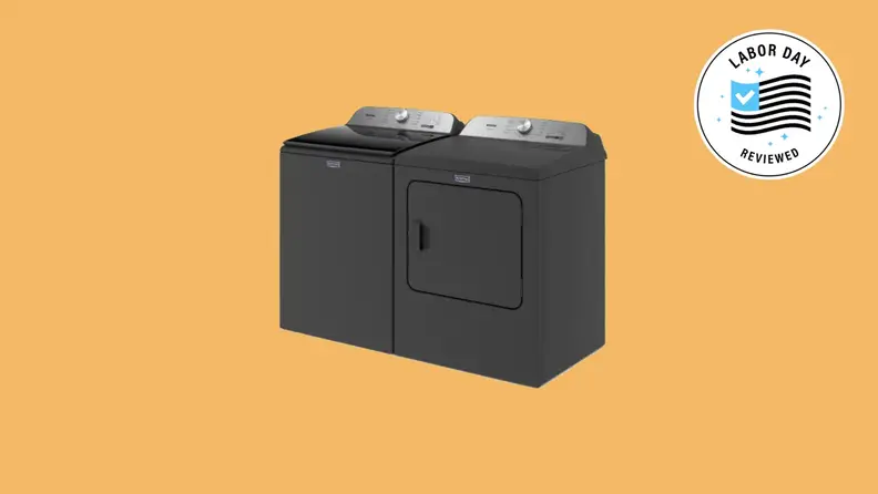 A black Maytag washer on an orange background with a Labor Day badge.
