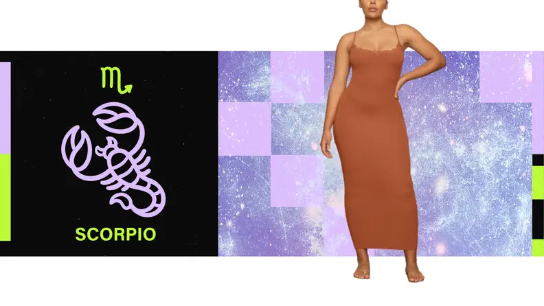 On the left is an illustration of the zodiac sign for Scorpio. On the right is TK.