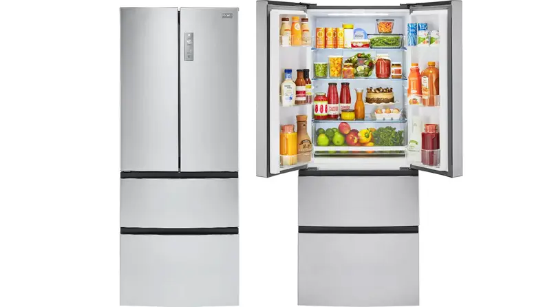 Two Haier fridges side by side in a white void. On the left its doors are closed. On the right its doors are open, revealing it's fully stocked with food.