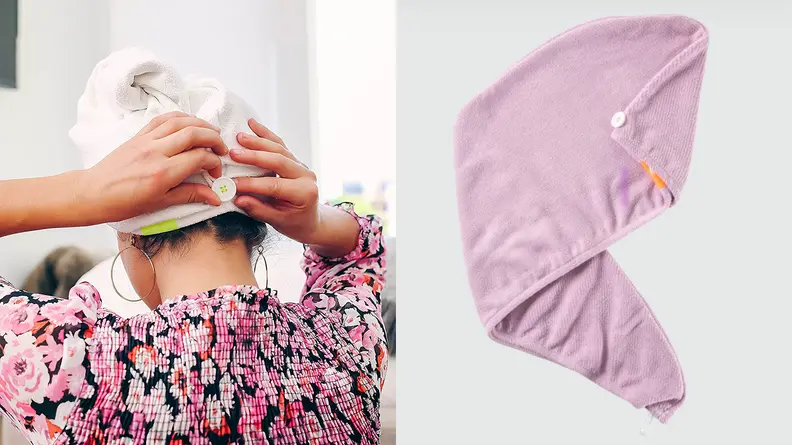 On the left: A person wearing a floral blouse wraps the Aquis Lisse Luxe Hair Turban around their wet hair. On the right: A pink Aquis microfiber towel lays on a gray background and is folded in half to show the button and loop attachments.