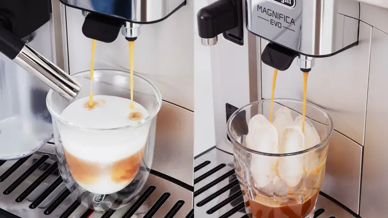 Two cups of coffee being brewed in the DeLonghi Magnifica Evo.