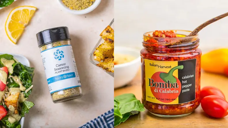 On the left: A picture of a bottle of Savory Spice. On the right: A picture of a glass jar of hot pepper paste.