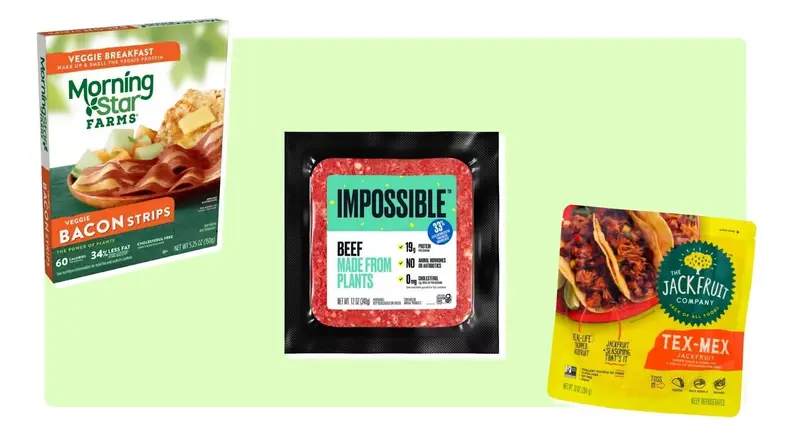 Three packages of assorted meat alternatives.