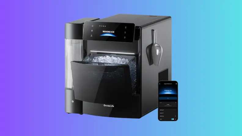 The GoveeLife Smart Nugget Ice Maker Pro shown with a full ice bin, a scoop, and the mobile app interface.
