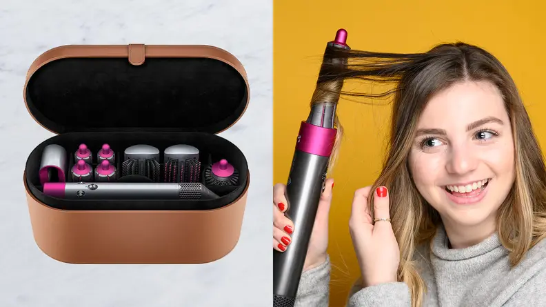 On the left: The Dyson Airwrap Styler sits inside its brown leather case on a gray marble background. On the right: A woman smiles and holds the Dyson Airwrap Styler up to her hair, which wraps around the barrel.