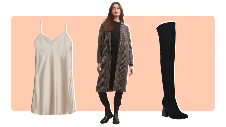 A white slip dress, a model wearing a wool topcoat, and a black thigh-high boot.
