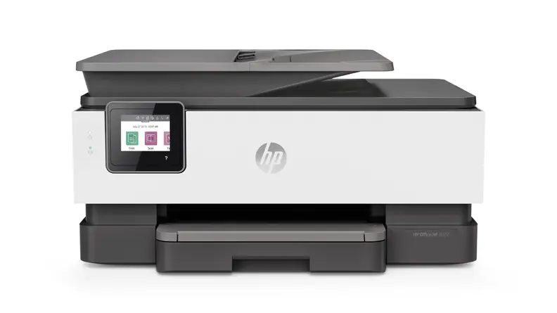 An image of an HP printer in white and gray with the tray partially pulled out.