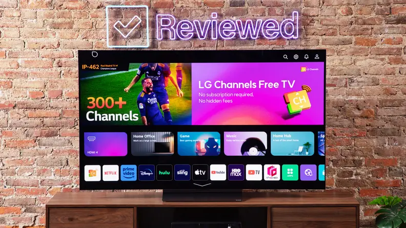 Photo of the LG C3 OLED TV with its app menu onscreen.