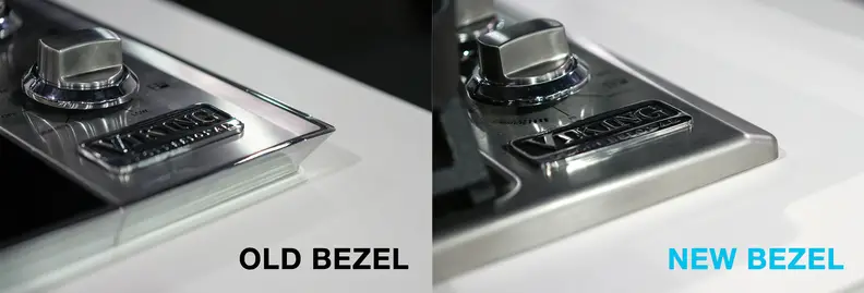Viking's newest gas and electric cooktops have a new bezel that sits flush with the countertop.