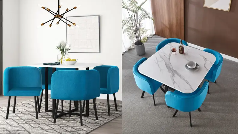Square table with marble top and four blue chairs.