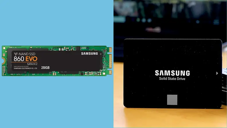 Left: the Samsung 860 EVO in an M.2 form factor. Right: the same thing in a 2.5-inch drive