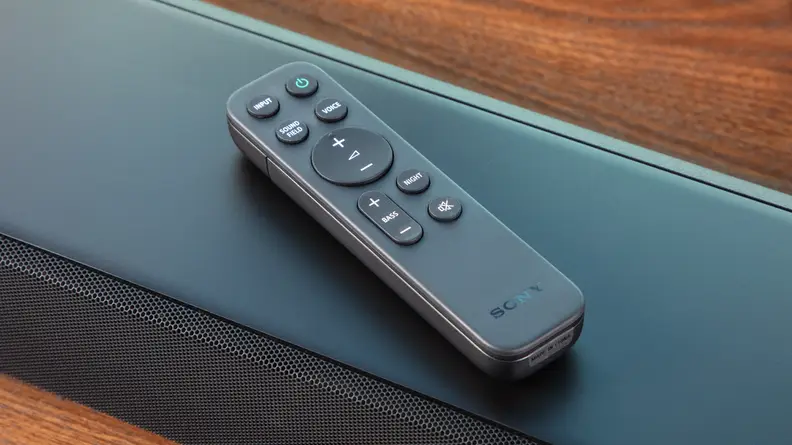 The HT-S2000 soundbar with a remote sitting on top of the soundbar.