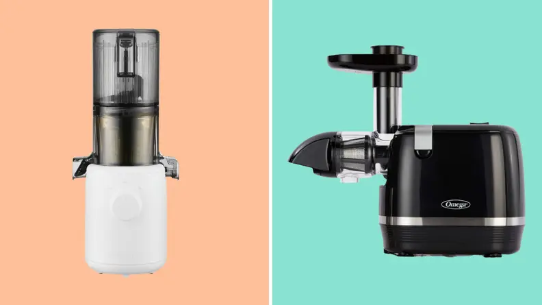Two juicers against peach and teal backgrounds