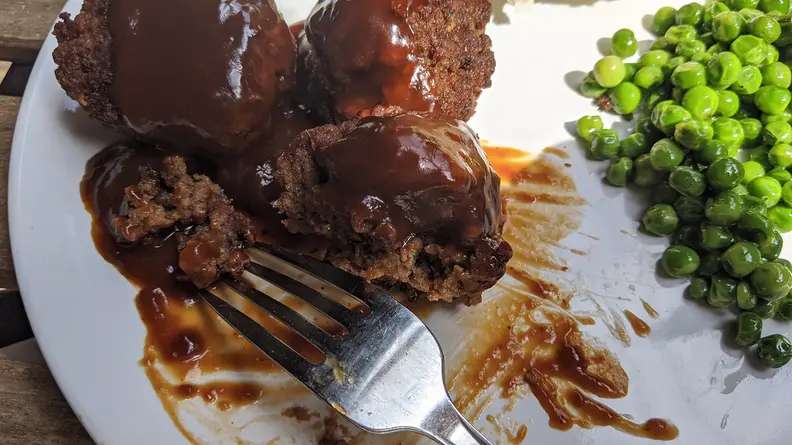 Close up of Impossible Burger meatballs