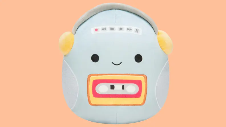 Product shot of Casja the Cassette Player plush Squishmallow toy.