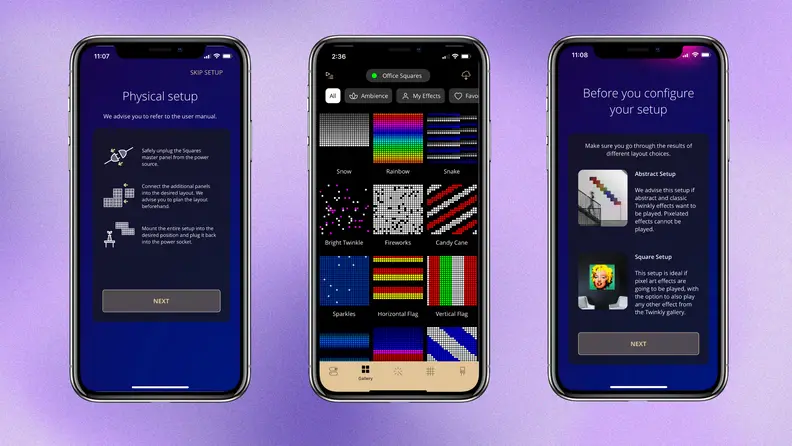 Three screenshots of the Twinkly app upon set-up and personalization.