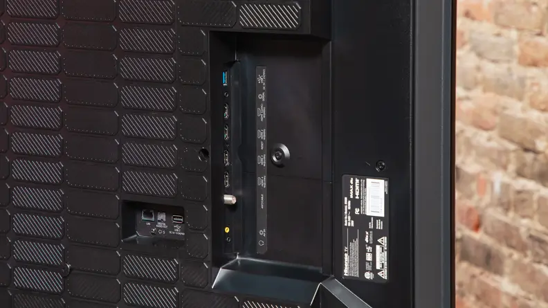 A close-up of the Hisense U8N's connectivity ports on the back of its panel