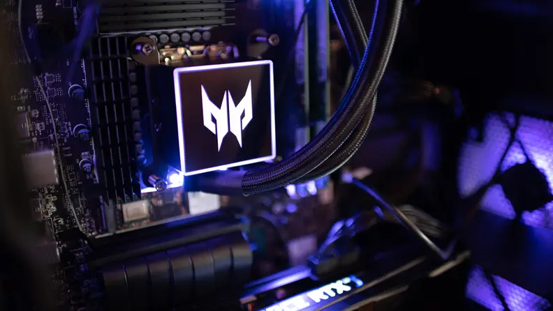 A closeup of the PC's CPU cooler.