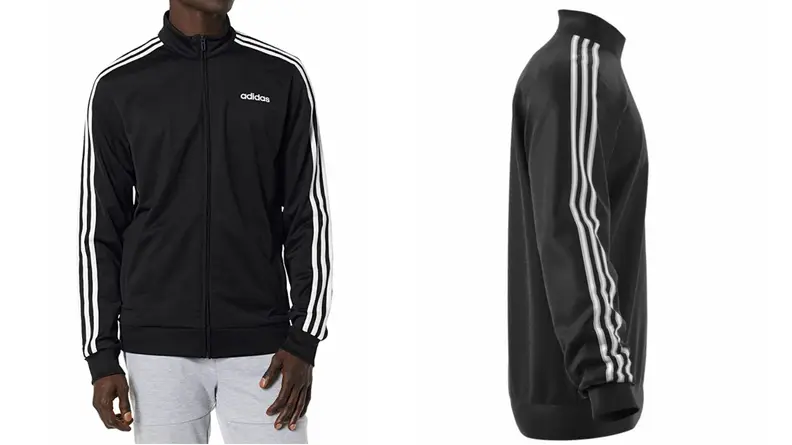 Black Adidas tricot track jacket with white stripes, side of Adidas tricot track jacket with white stripes.