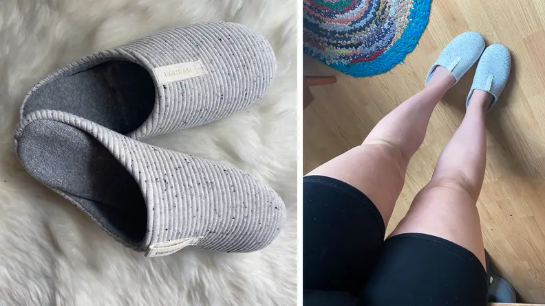 Two photographs of a pair of gray slippers: One on a shag rug, and the other being worn by the author.