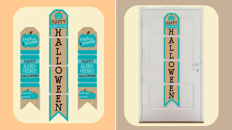 Three slim vertical teal and tan welcome door banners that advertise allergy-free snacks.