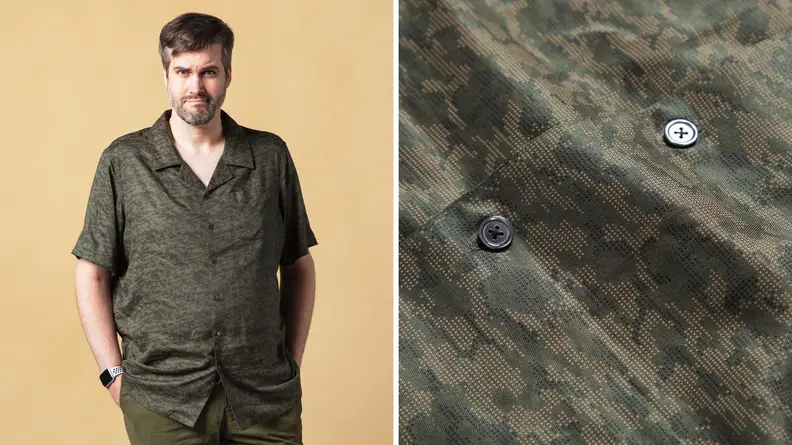 Collage of the author wearing a camouflage-print short-sleeve shirt, and a detail shot of the fabric of the shirt.