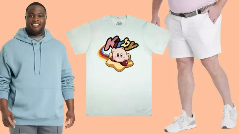 Man waring a teal blue hoodie, white Kirby t-shirt, and model wearing white shirt, model wearing golf shorts against orange background