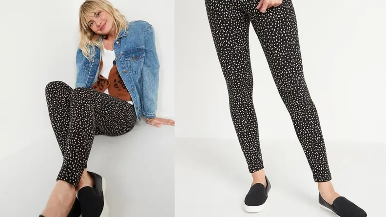 On the left, a blond model sits leaning back, wearing a jean jacket and black-and-white, polka-dotted leggings. To the right, we see what the leggings look like when the model stands up.