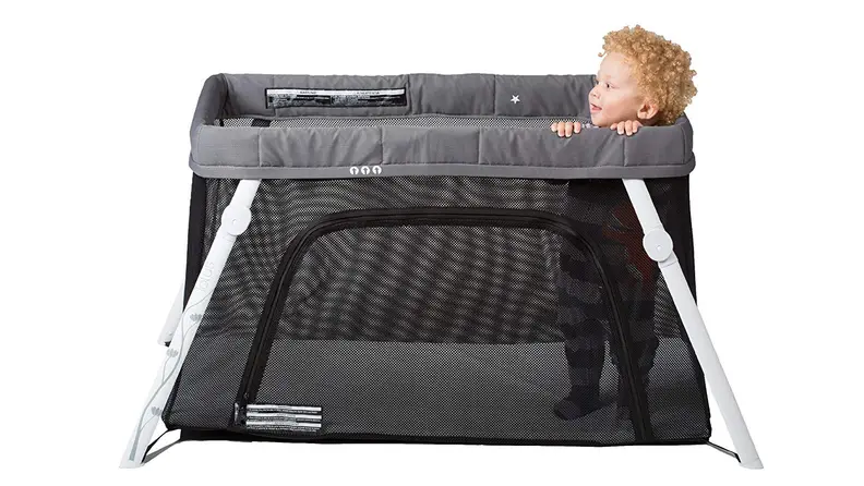 The Lotus travel crib folds down easily and comes with a backpack-style case for easy transport.