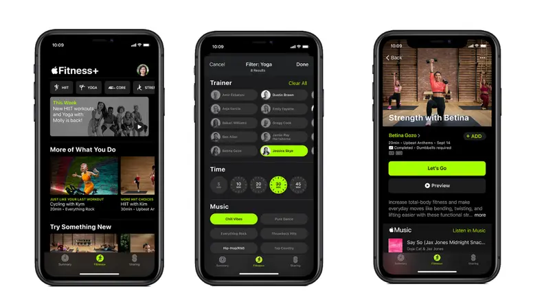 Screen captures of the Apple Fitness+ app interface on iOS.