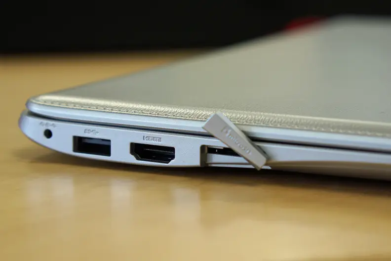 While there is a full HDMI port and USB 3.0, the Chromebook 2 replaced the standard SD card reader with a microSD reader.